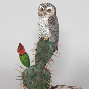 Hand Carved Elf Owl on Wood Cactus