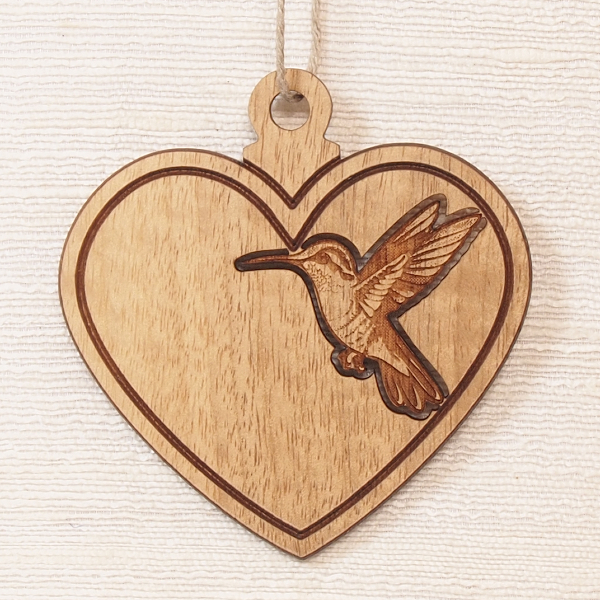 Myrtlewood Ornament-Heart with engraved Hummingbird